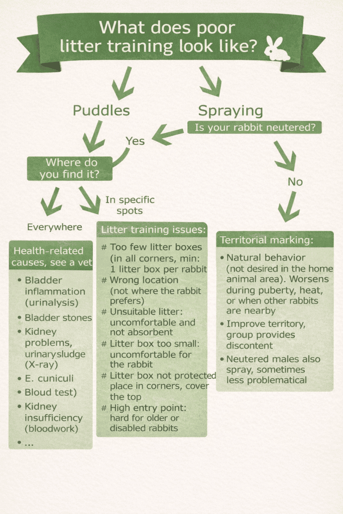Poor litter training signs in rabbits, including puddles and spraying behavior. Learn how to correct issues for a happy bunny.