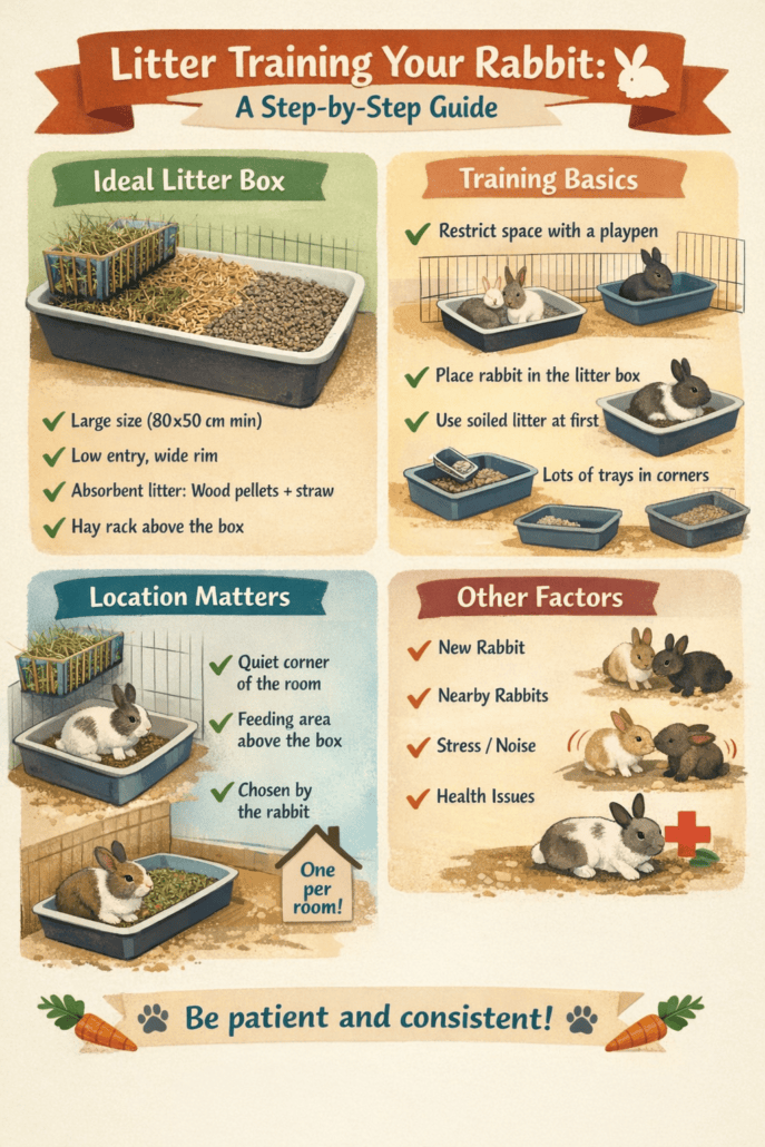 Small rabbit litter box with bedding and hay for training rabbits.