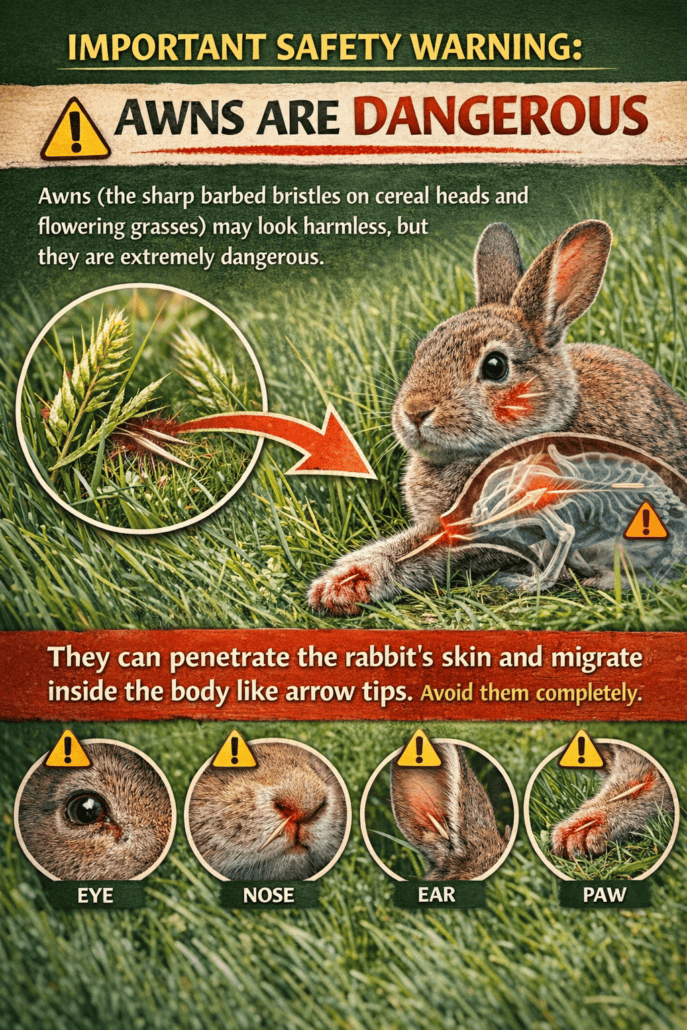 Sharp rabbit bristles and internal anatomy warning for rabbit safety and handling.