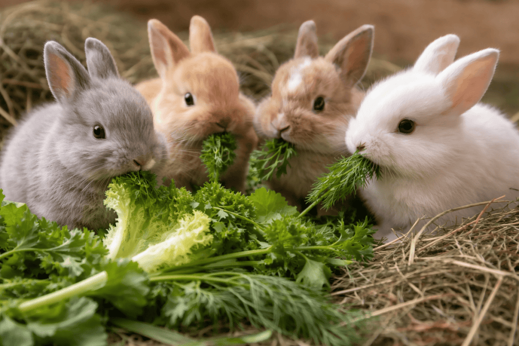 Cute baby rabbits eating fresh greens in a natural setting.