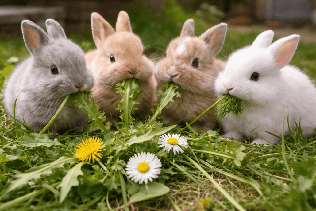 Cute baby rabbits eating fresh greens outdoors.