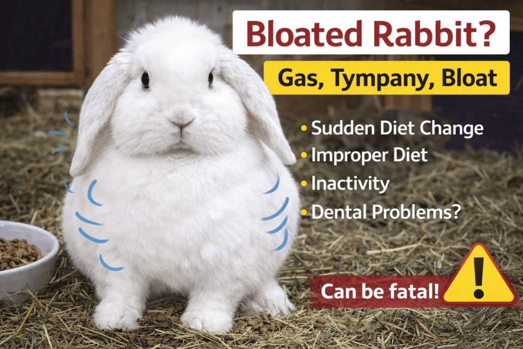 Blowed rabbit with bloating symptoms, caused by diet issues or inactivity.