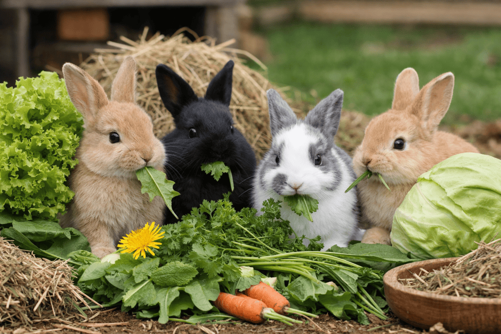 Cute baby rabbits eating fresh vegetables outdoors.