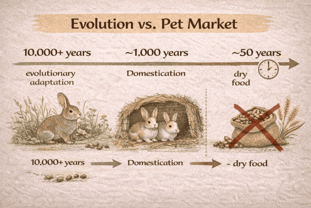 Bunny image showing evolution from wild rabbit to domesticated pet with dry food development.
