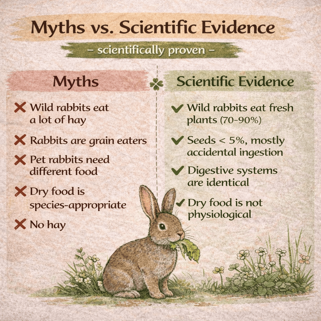 1. Wild rabbits eat fresh plants, mainly greens and herbs, not hay, according to scientific evidence.