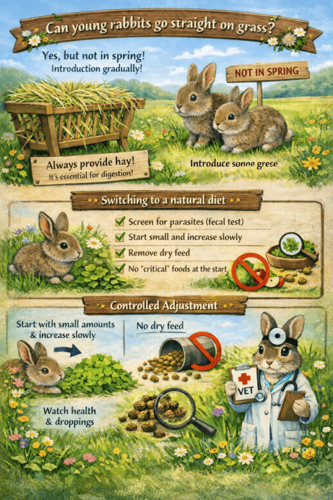 1. Young rabbits lying on grass with signs about their diet and care.