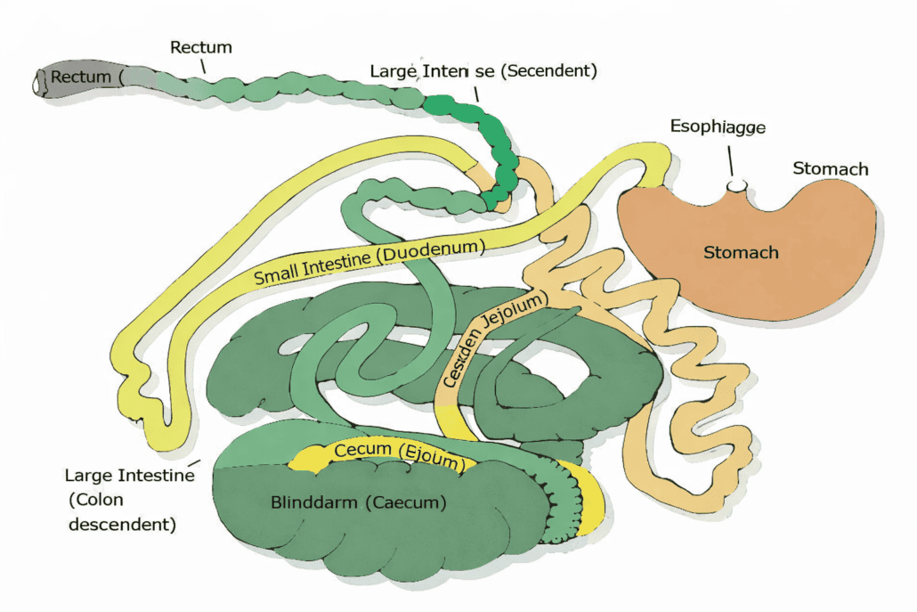 Digestive system of a rabbit showing the stomach, small and large intestines, and caecum.