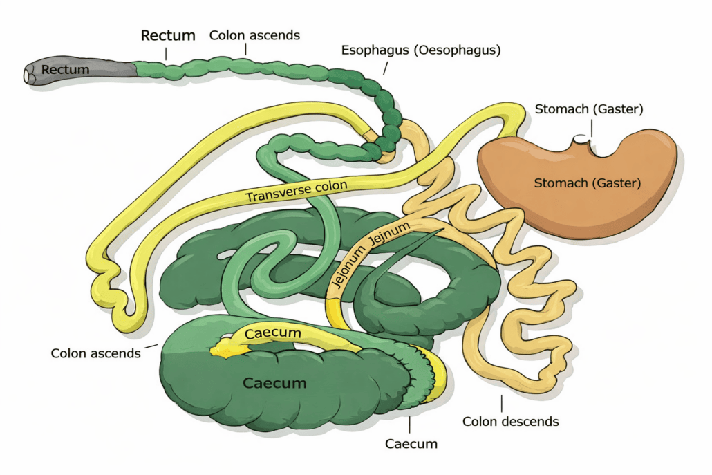 Diagram of a rabbit's digestive system showing stomach, intestines, and colon for understanding rabbit digestion.