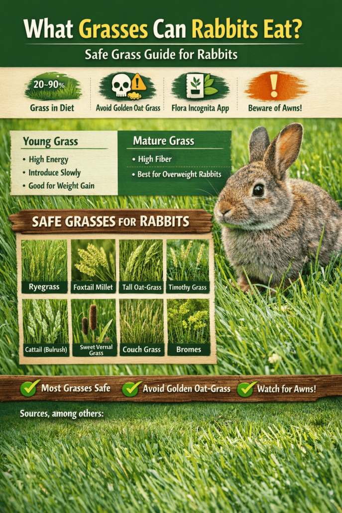 Lush grass and safe plants for rabbits, including ryegrass, Timothy grass, and couch grass.
