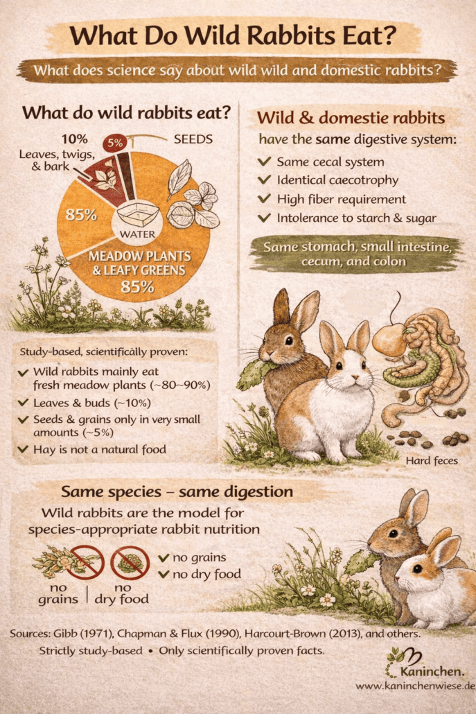 Wild rabbits eating lush meadow plants and leaf greens for a healthy diet.