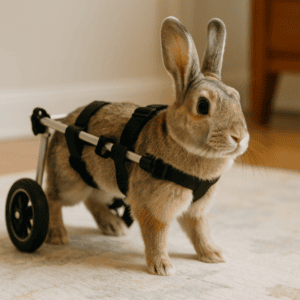 Adaptive rabbit wheelchair for mobility assistance, supporting rabbit with hind leg injuries or disabilities.
